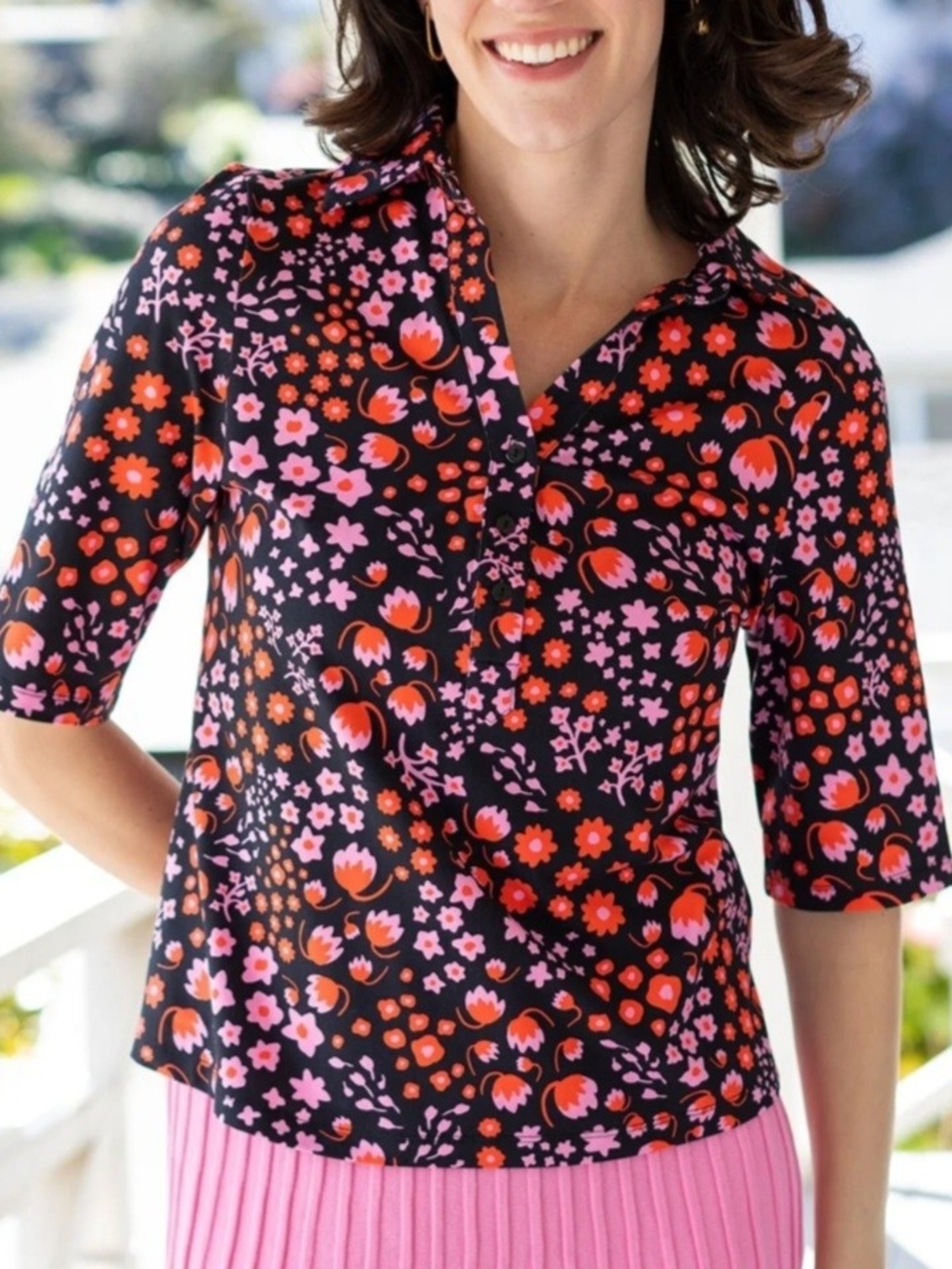 Lesley Evers Kimmy Top Blossom Breeze Red Floral Print Knit Button Front Size L